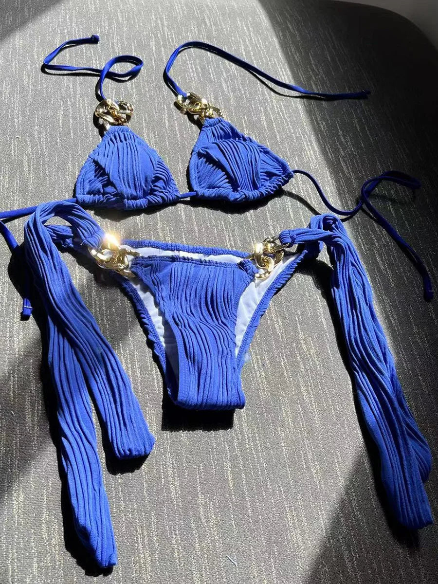 Halter Metal Rings Bikinis Wrinkled Bikini Female Swimsuit Women Swimwear Two-pieces Bikini Set High Cut Bathing Suit Swim Lady