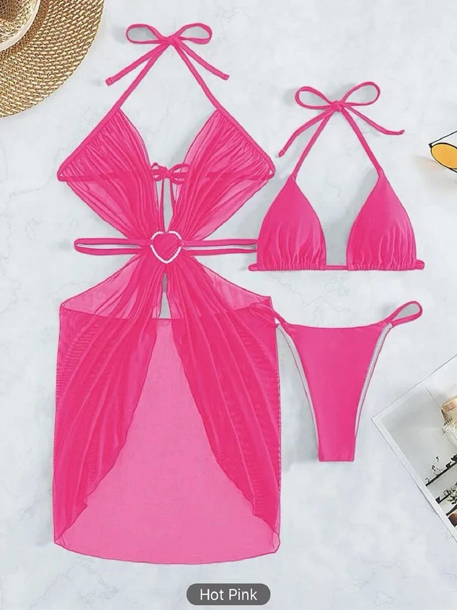 3 Piece Halter String Bikini 2026 Hollow Out Swimsuit Women Padded Swimwear Female Bathers Bathing Swimming Swim Suit Beachwear