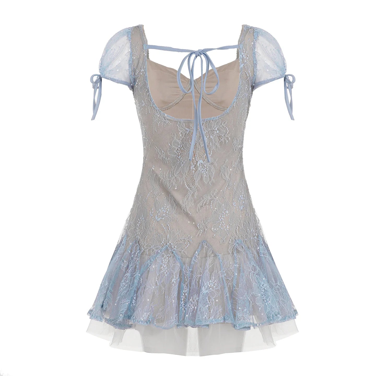 Dreamy and Western-style lace pleated princess dress with sparkling sequin design and puff-sleeved high-waisted dress.