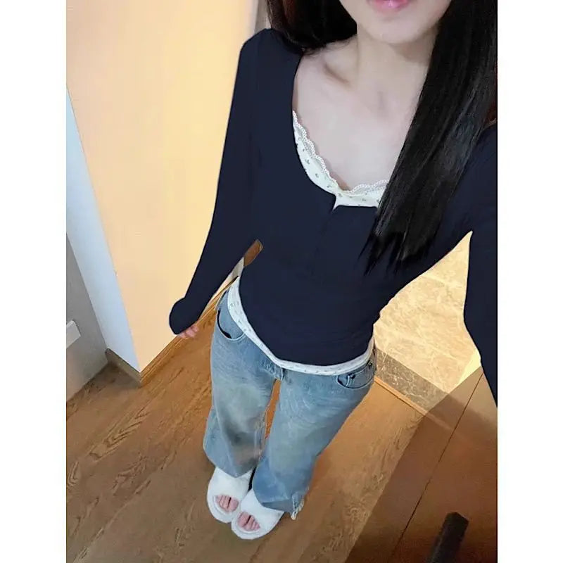 Women Streetwear Fake Two Pieces Long Sleeve T-shirt Floral Lace Trim Casual Slim Fit Tees Female Autumn Winter Bottoming Top