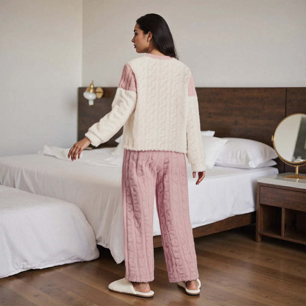 Women's 2 Pieces Valentine's Day Lounge Set Long Sleeve O Neck Heart Embroidery Jacquard Tops Pants Winter Fuzzy Sleepwear