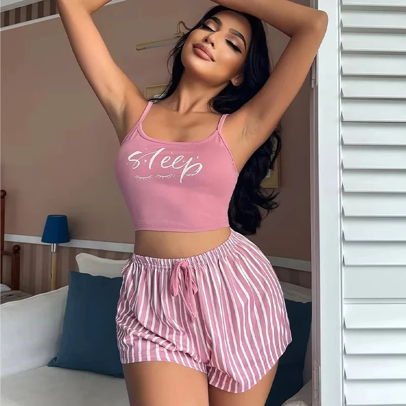Women Pajamas Set Sleepwear Sexy Summer Home Clothes Tops And Shorts Cute Soft Sleeveless Nightwear For Female