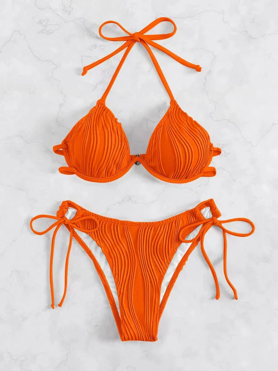 2026 Halter String Bikini Solid Push Up Swimsuit Women Sexy Swimwear Female Bathers Bathing Swimming Swim Suit Beachwear