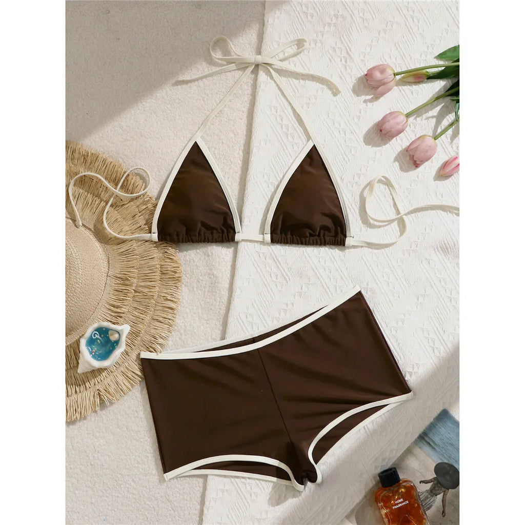 Sexy Splicing Halter Shorts Bikini Female Swimsuit Women Swimwear Padded Bather Bathing Suit Swim Two-pieces Bikini set K8132