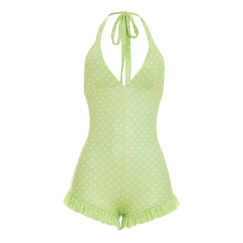 Women Halter Shorts Jumpsuits Summer Polka Dot Print V-Neck Backless Bodysuits Casual Sleeveless Rompers Club Streetwear