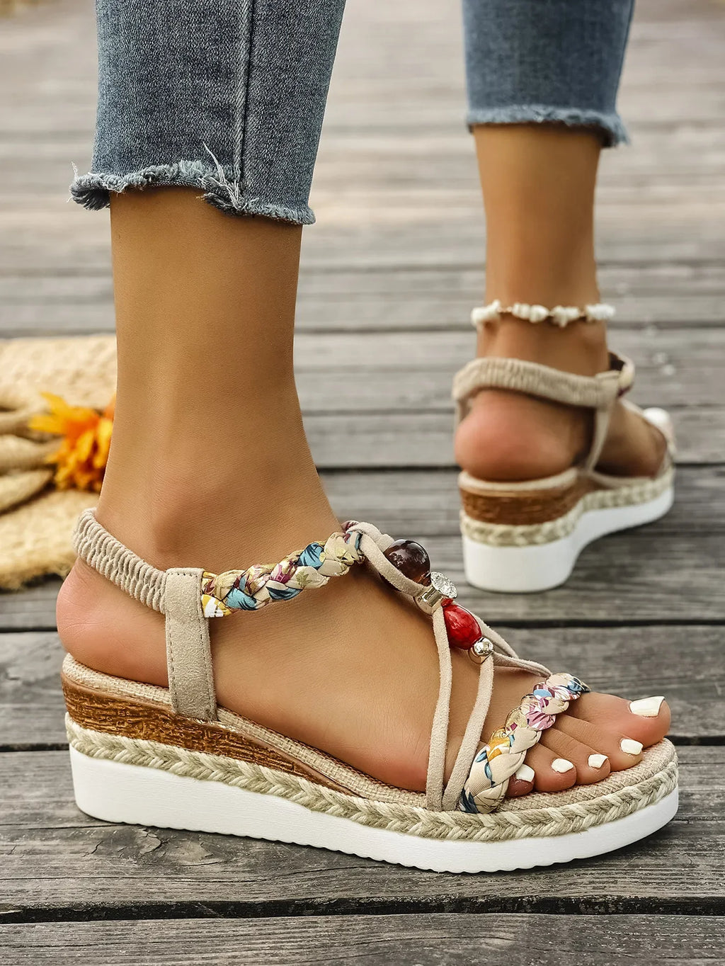 Fashion T-Strap Platform Sandals  Women New Mix Color Elastic Band Wedge Sandals Woman Summer Daily Open Toe Sandalias Female