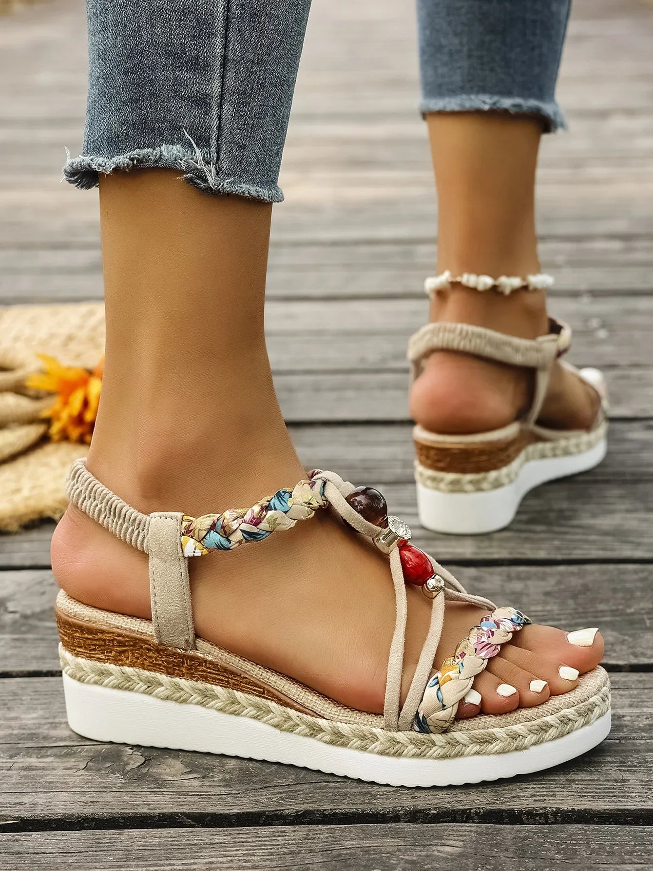 Fashion T-Strap Platform Sandals  Women New Mix Color Elastic Band Wedge Sandals Woman Summer Daily Open Toe Sandalias Female