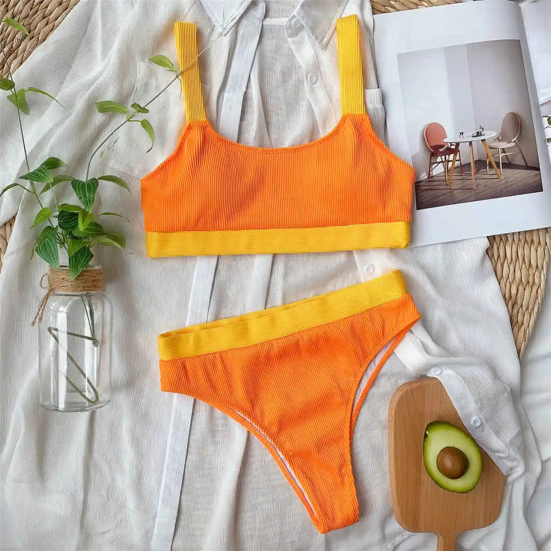 New Sexy Ribbed Splicing Female Swimsuit High Waist Bikini Women Swimwear Two-pieces Bikini Set Bather Bathing Suit Swim V2329