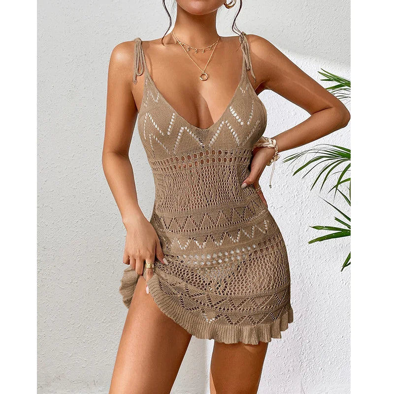 DEKA Style Knitting Multicolor Slip Dress Fashion Hollow Out Short Dress Women's Beach Holiday Bikini Cover Up Fishnet Crochet S