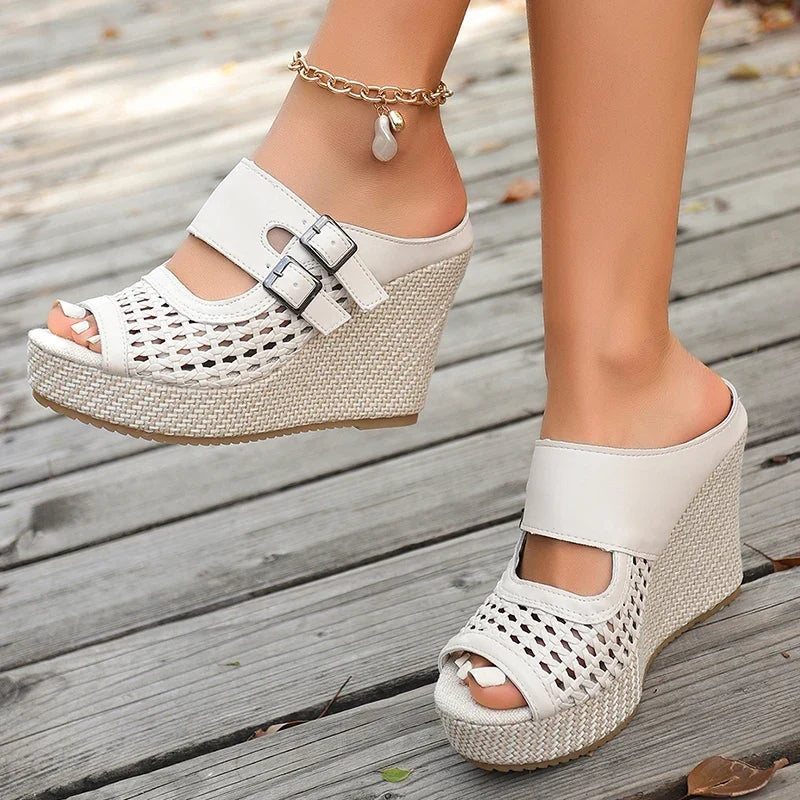Hollow Out Chunky Wedges Sandals Women Fashion Buckle Peep Toe Super High Heels Sandals Woman Plus Size 43 Platform Slippers