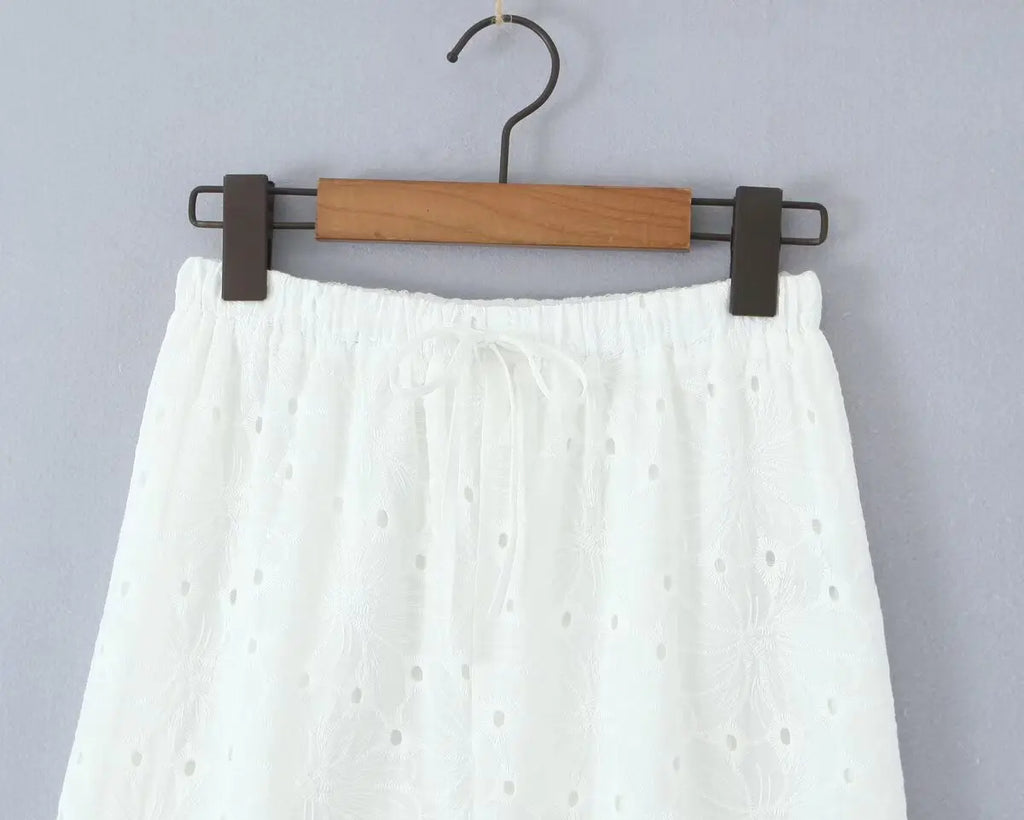 Foridol Hollow Out Cotton Women's 2 Pieces Set White Summer Pants Set Embroidery Top Pants Suit Matching Set Beach Casual Pants