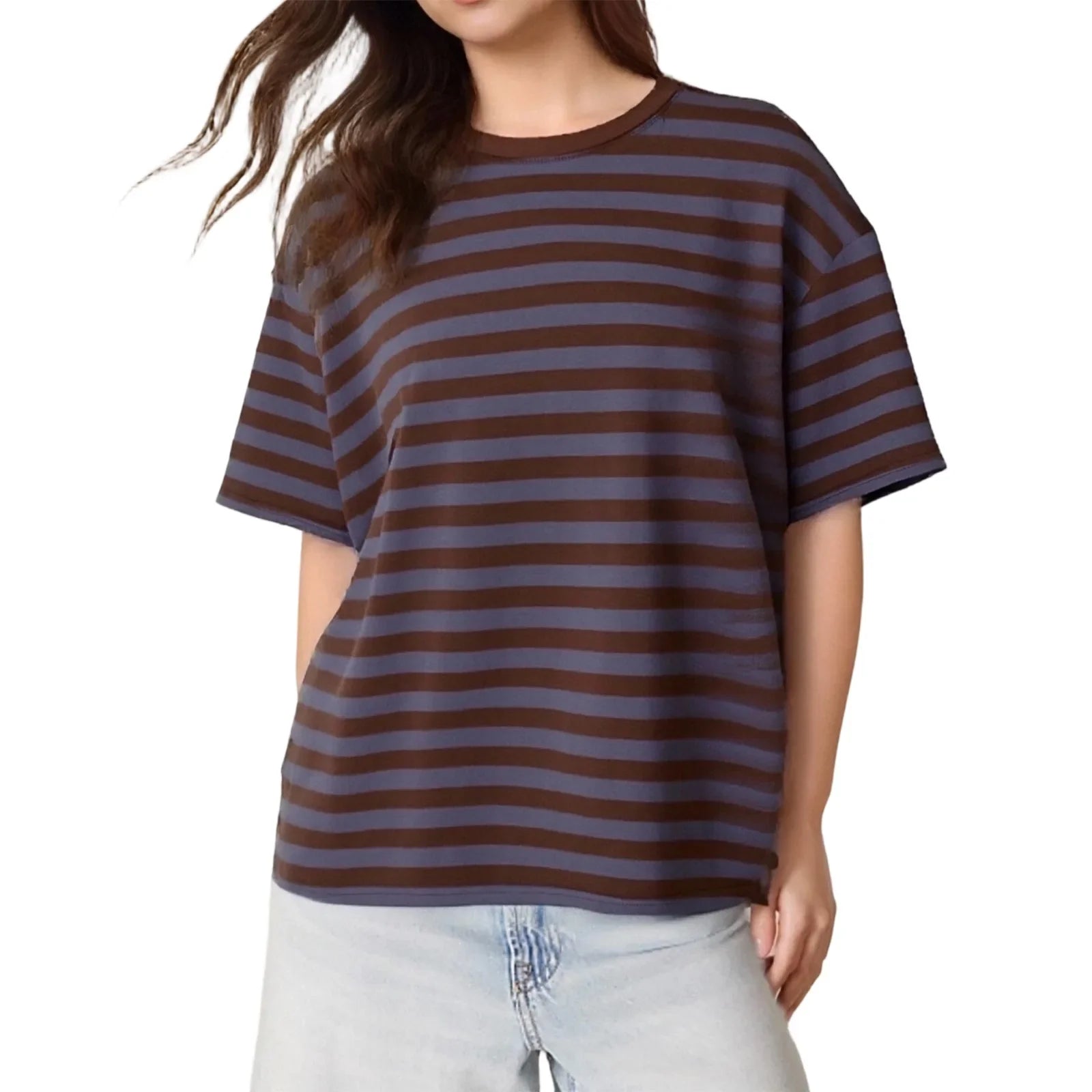 Striped Print Summer T-shirt for Women Loose Casual Contrast Short Sleeve Round Neck Basic Tops