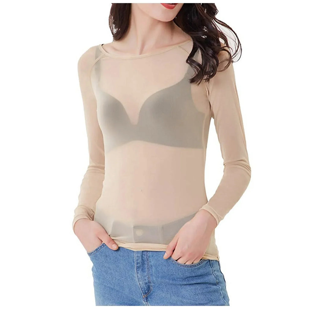 Sexy Women T Shirt See Through Mesh Black Long Sleeve Tees Sheer Slim Fit O Neck Tulle Crop Top Y2k T-Shirt Transparent Clubwear
