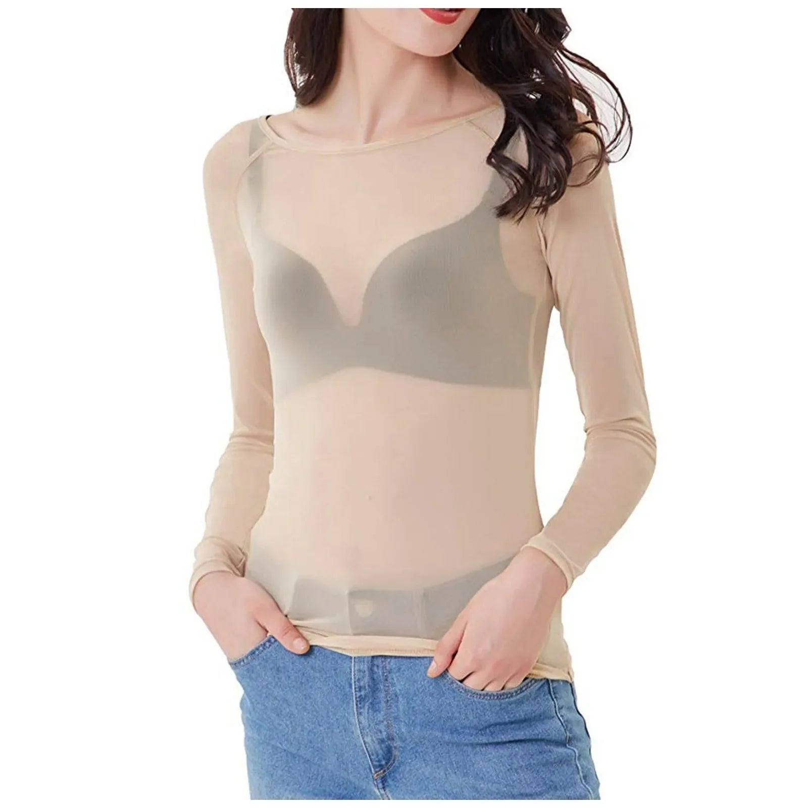 Sexy Women T Shirt See Through Mesh Black Long Sleeve Tees Sheer Slim Fit O Neck Tulle Crop Top Y2k T-Shirt Transparent Clubwear