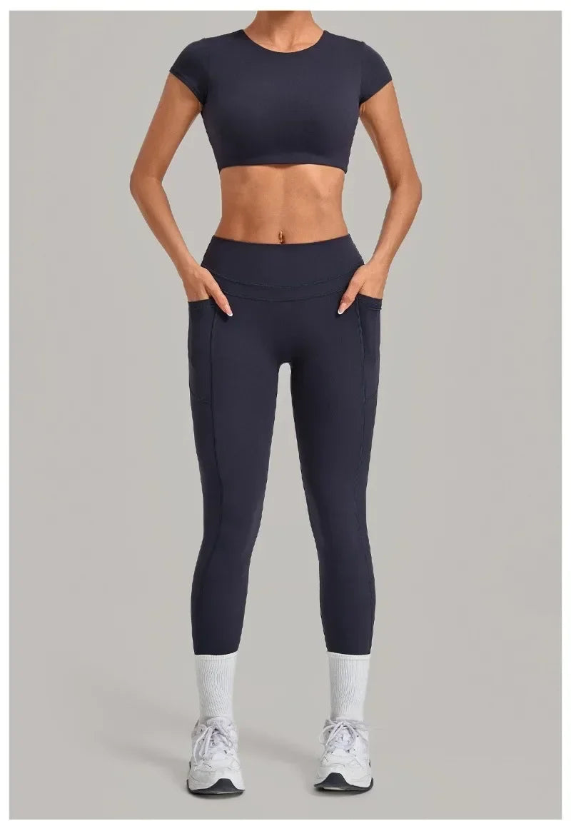 Women's Seamless Yoga Sets Sports Running High Waist Hip-lifting Pants Backless Short-sleeve Suits Workout Fitness Leggings Sets