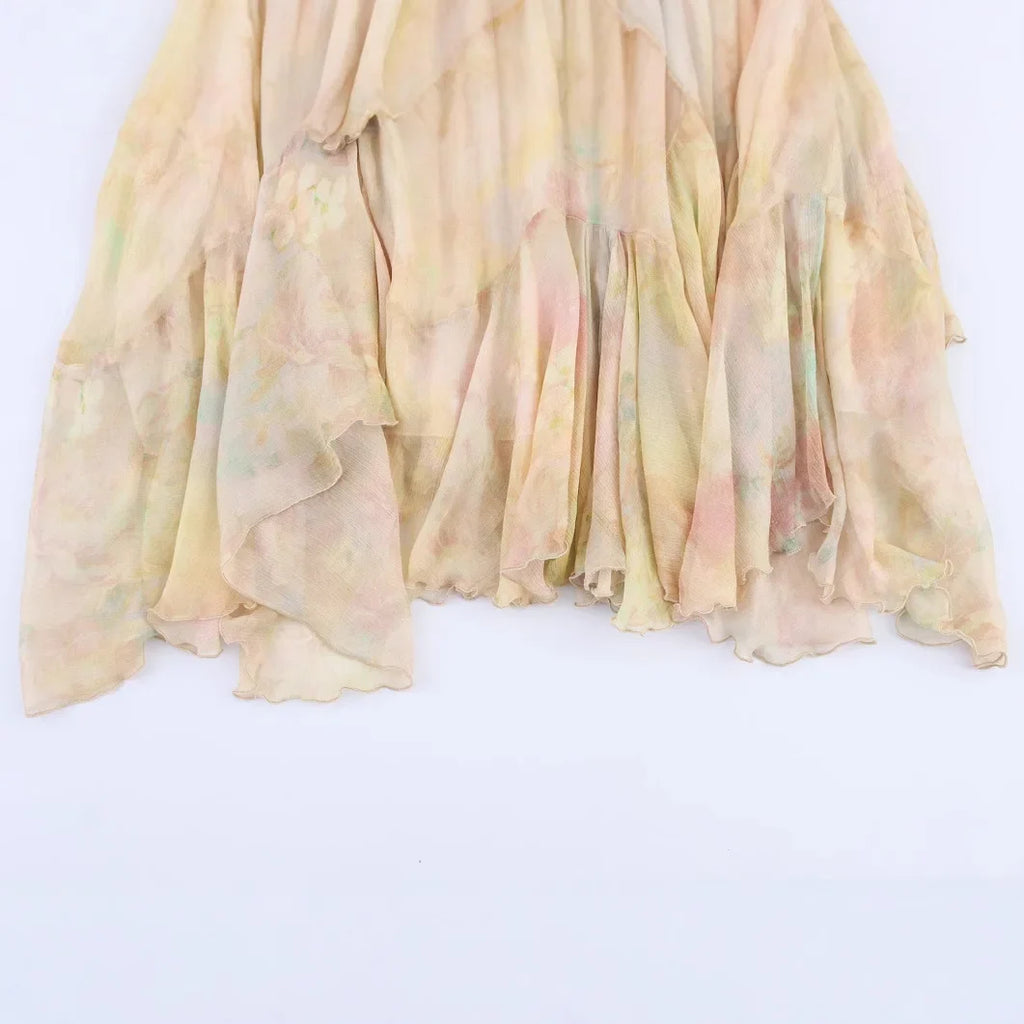Women's Printed Layered Skirt Pastel Watercolor Print Tiered Ruffled Skirt Elastic Waist Chiffon Summer Skirt For Women 65EU