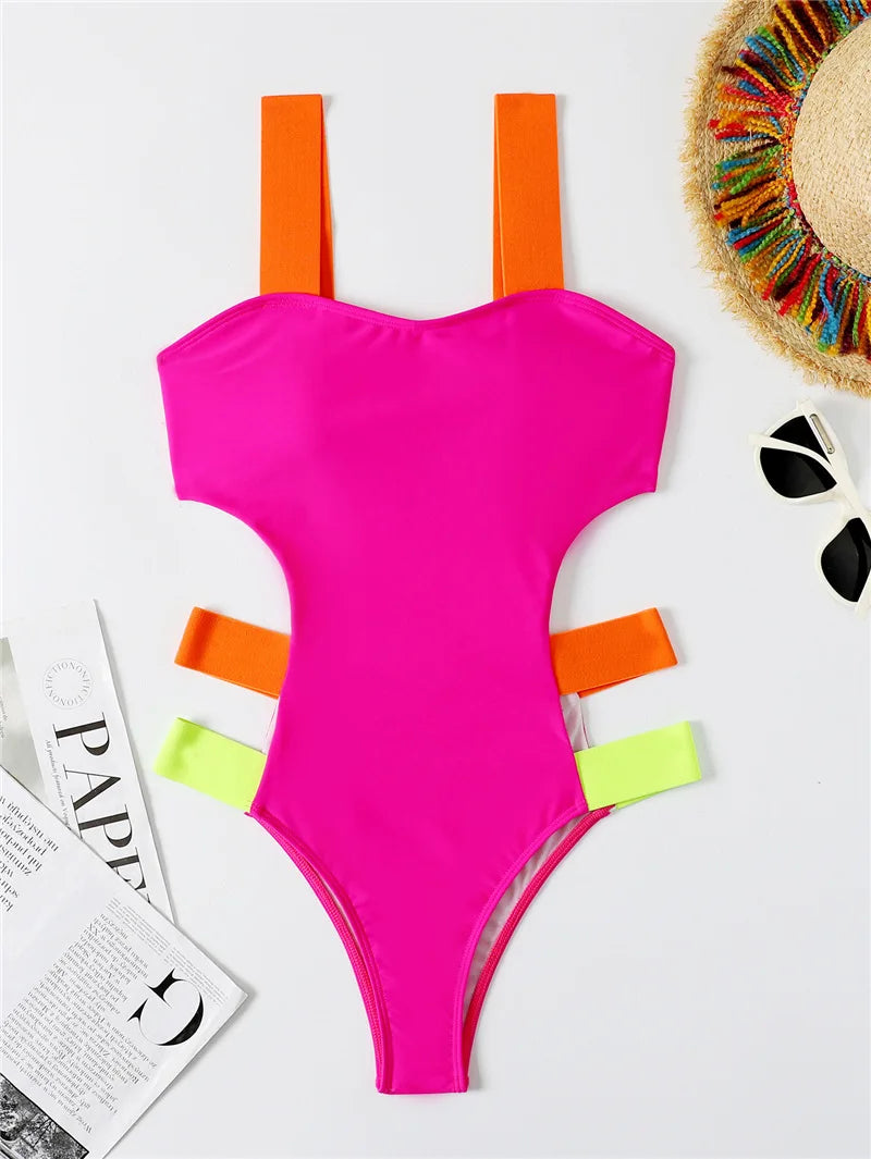 Splicing Black Contrast Women Swimwear One Piece Swimsuit Female Monokini High Cut Bather Backless Bathing Suit Swim Beachwear