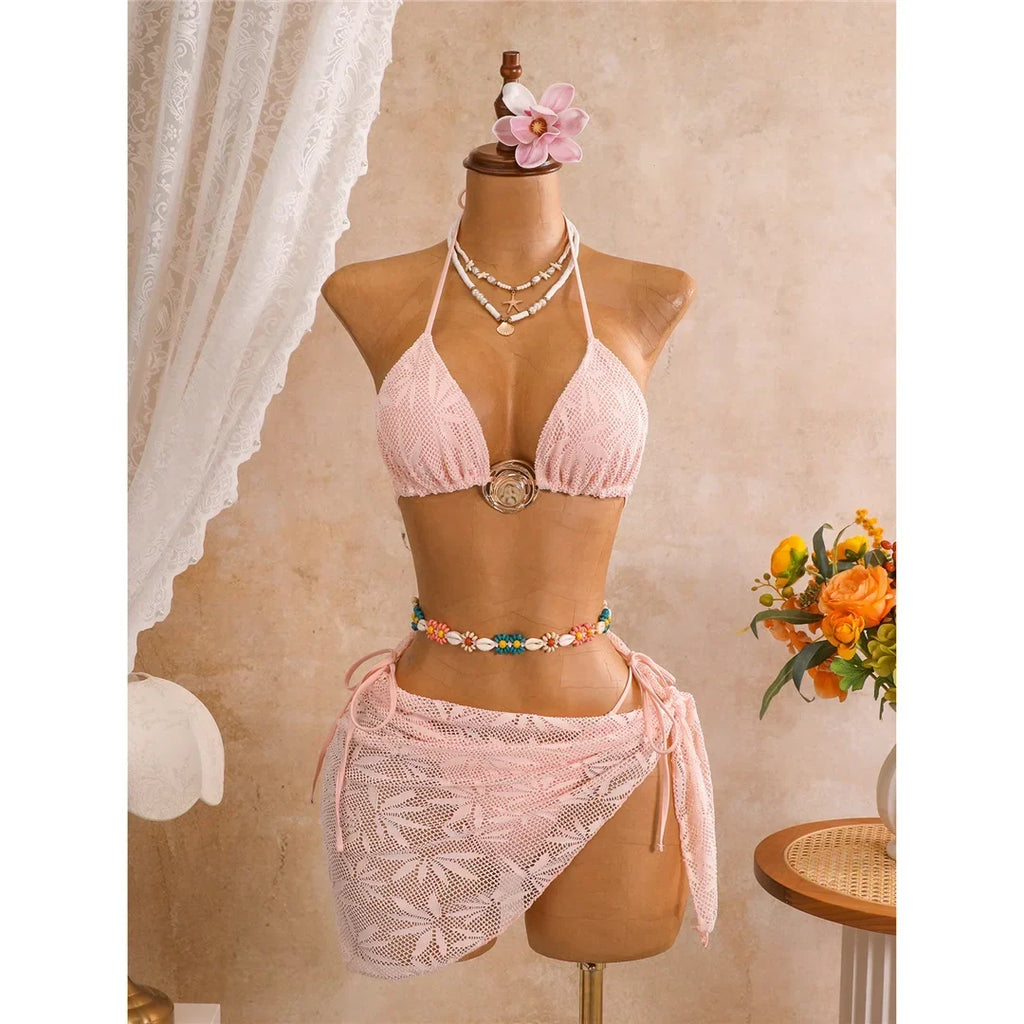 New Leaves Printed Halter Bikini Suit Female Swimsuit Women Swimwear Bather Bathing Suit Swim Three-Pieces Bikini Set