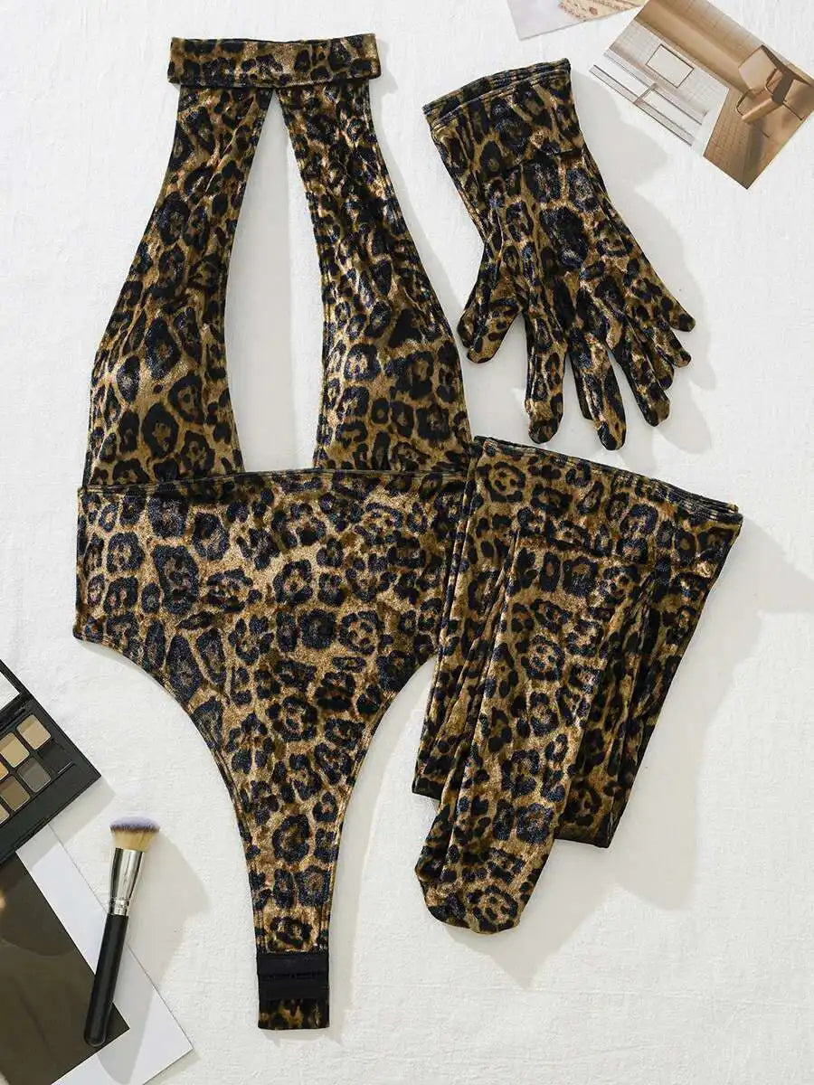 Women Leopard Print Bodysuit With Gloves Leggings Hollow Out Backless Deep V Suspenders Sleeveless Bodysuits Charming Thin 3X4C