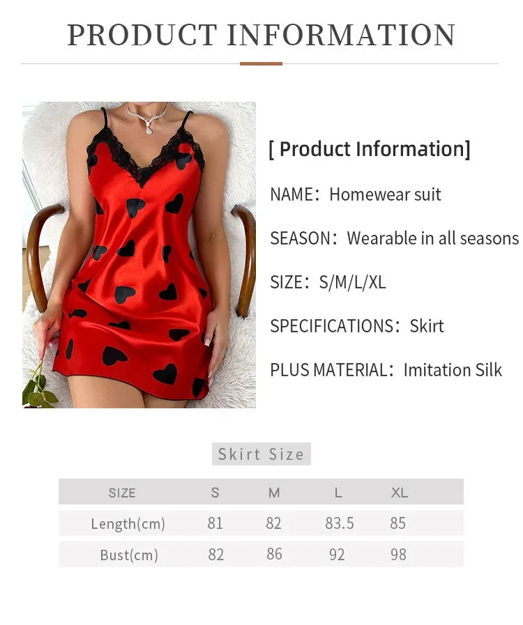 Valentine's Days Sexy Backless Ice Silk Stain Slip Mini Dress Women Nightdress Heart Printed Lace Pajamas Night Wear Nighties