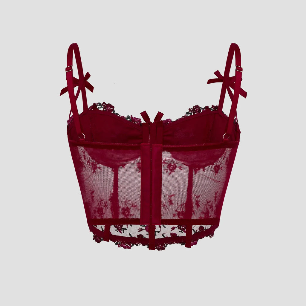 Sexy Lace Floral Embroidery Bow Corset For Women Camisole Sheer Mesh Fishbone Slim Crop Top Wired Bra Camis Festival Lingerie