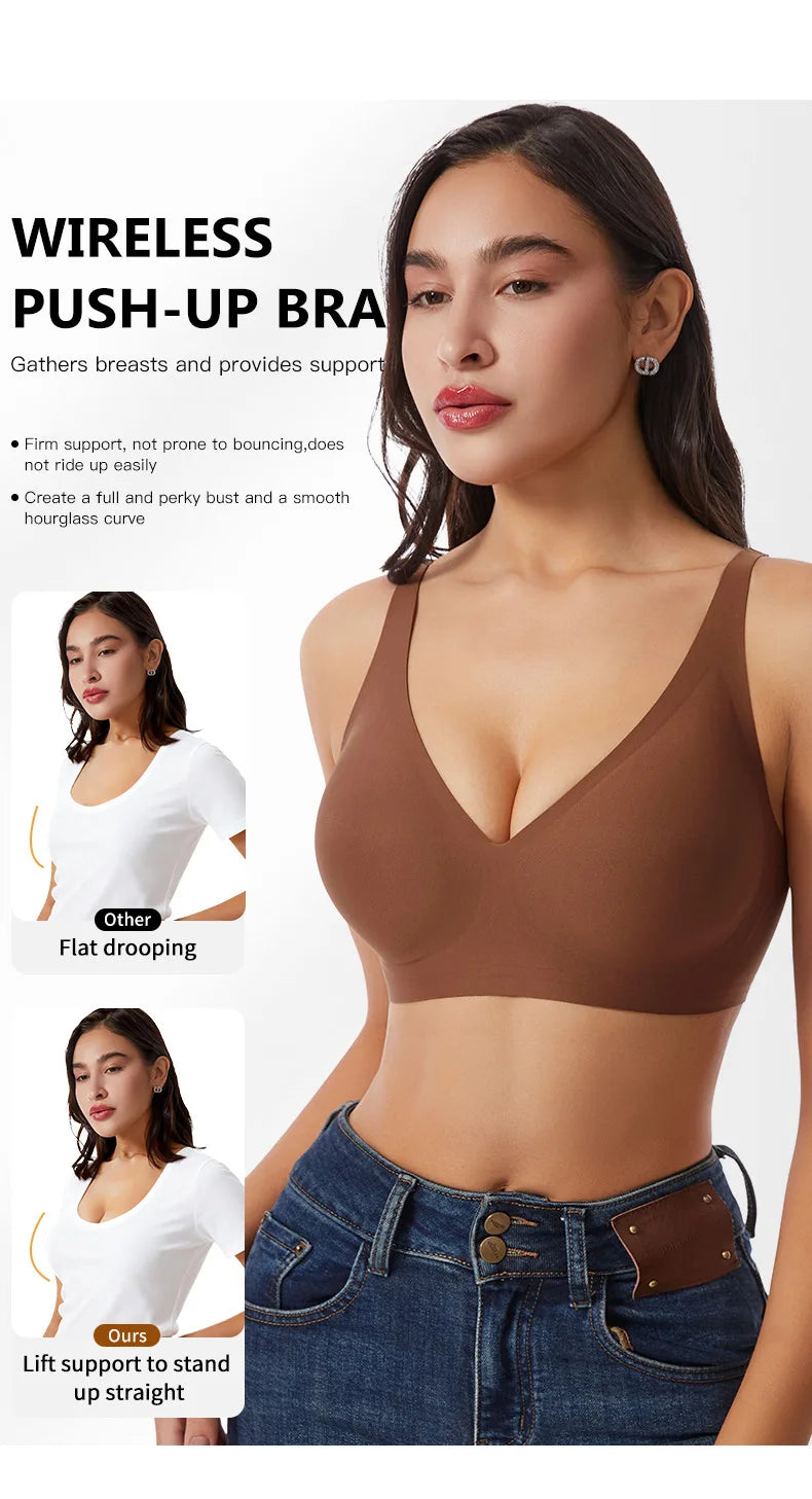 Women's Deep V Jelly Seamless Bra Wire-Free 3D Soft Support Thin Molding Leopard Print Solid Color Comfortable Bra Underwear