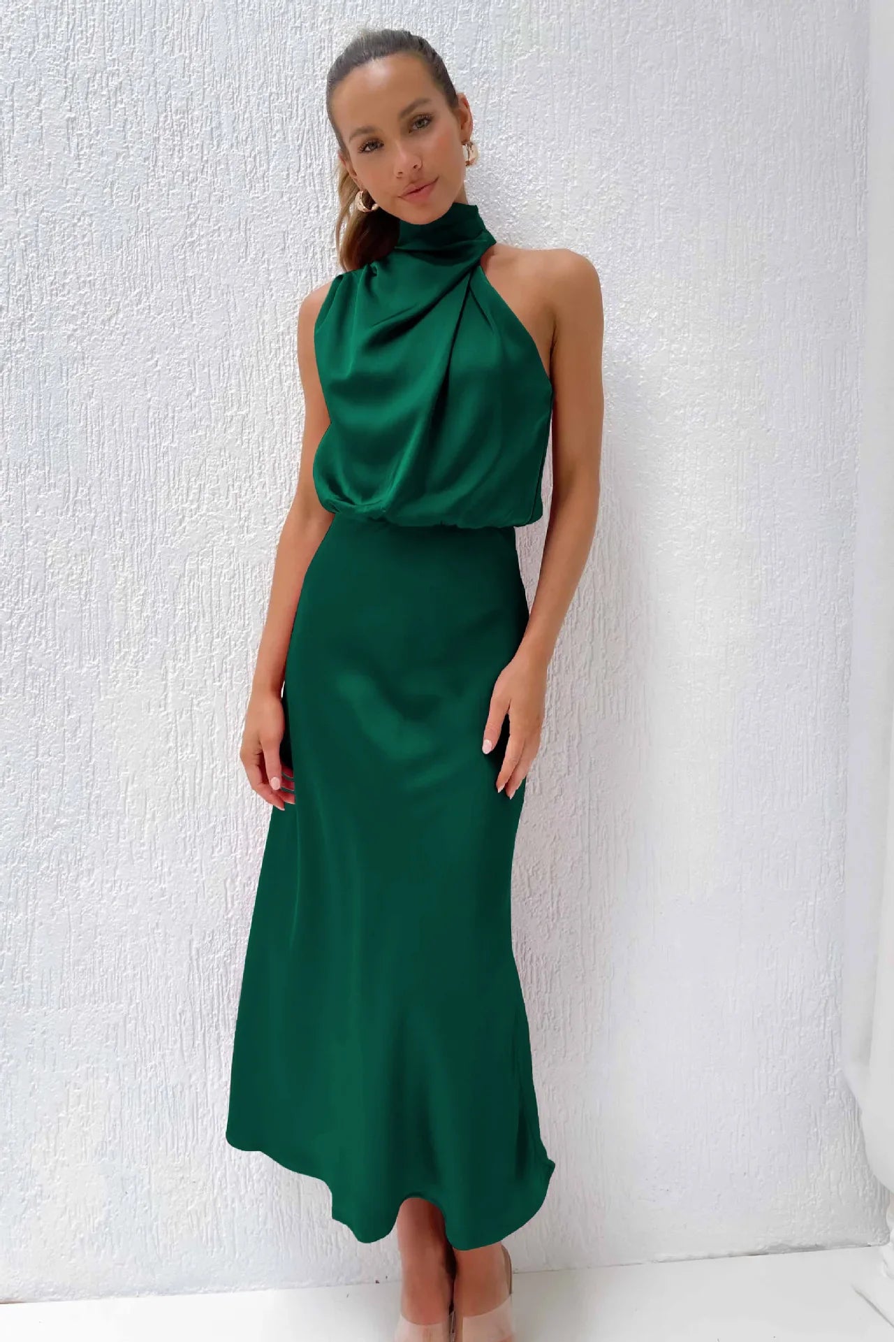 Foridol One Shoulder Turtleneck Tank Satin Women Party Dress Robe Zip Sleeveless Elegant Vintage Folds Women Clothing 2025