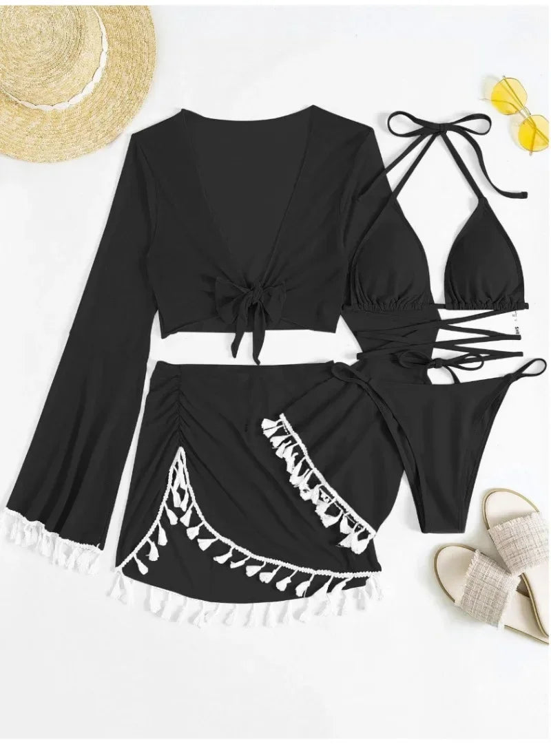 sexy 4pcs boho tassels trim bikinis sets ladies padded bikini set +cover up tops skirts beachwear bathing suit biquini monokini