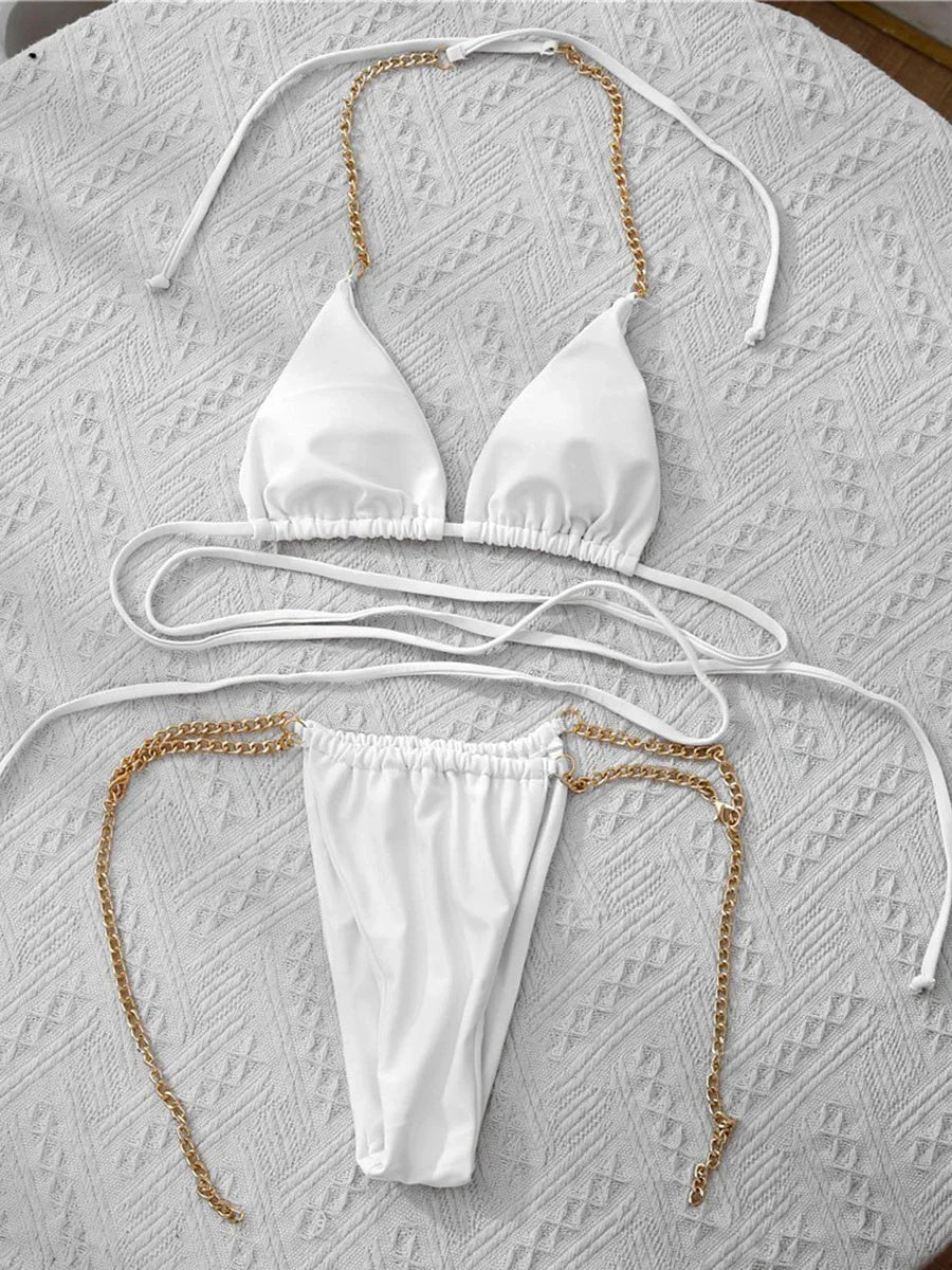 Snake Skin Wrap Around Metal Chains Halter Bikini Women Swimwear Female Swimsuit Two-pieces Bikini set Micro Bathing Suit Swim