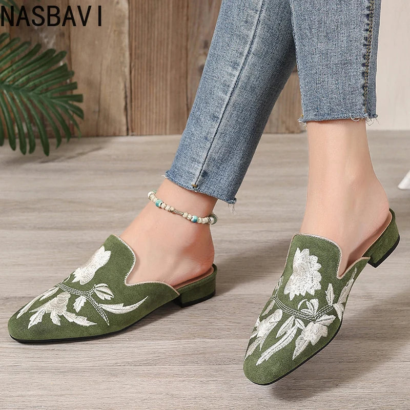 NASBAVI Fashion 3d Embroidery Mules Women Fur Slippers Velvet Shoes Ladies Low Heel Flower Decoration Sandals Women's Flip Flops