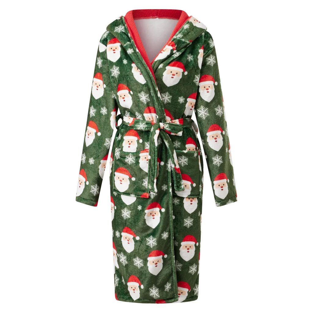 Christmas Robes for Women Soft Winter Warm Long Bathrobes Fashionable Reindeer Print Hooded Robes