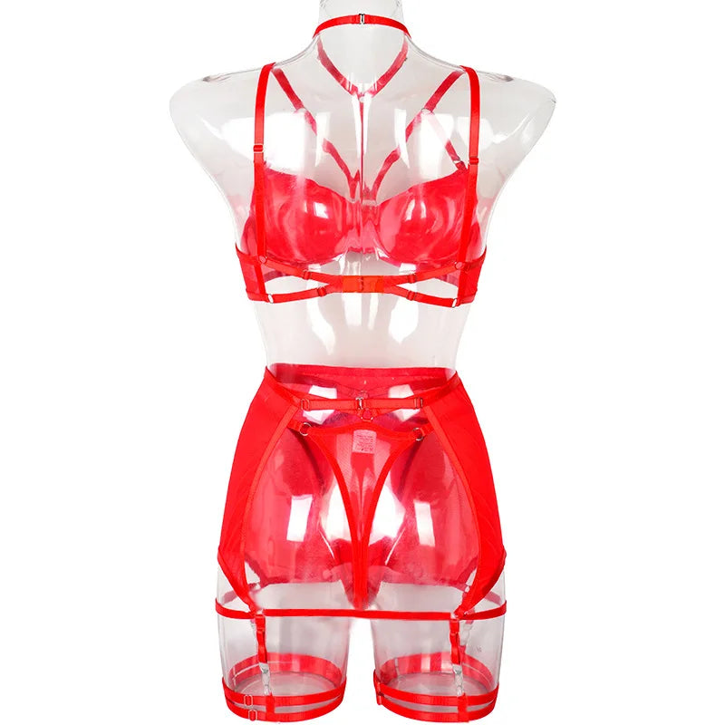 Toucheart Trendy Lingerie 4 Pieces Set Exotic Sexy Bra Eroctic Garter Underwear Set Women's Mesh See-through Luxury Underwear