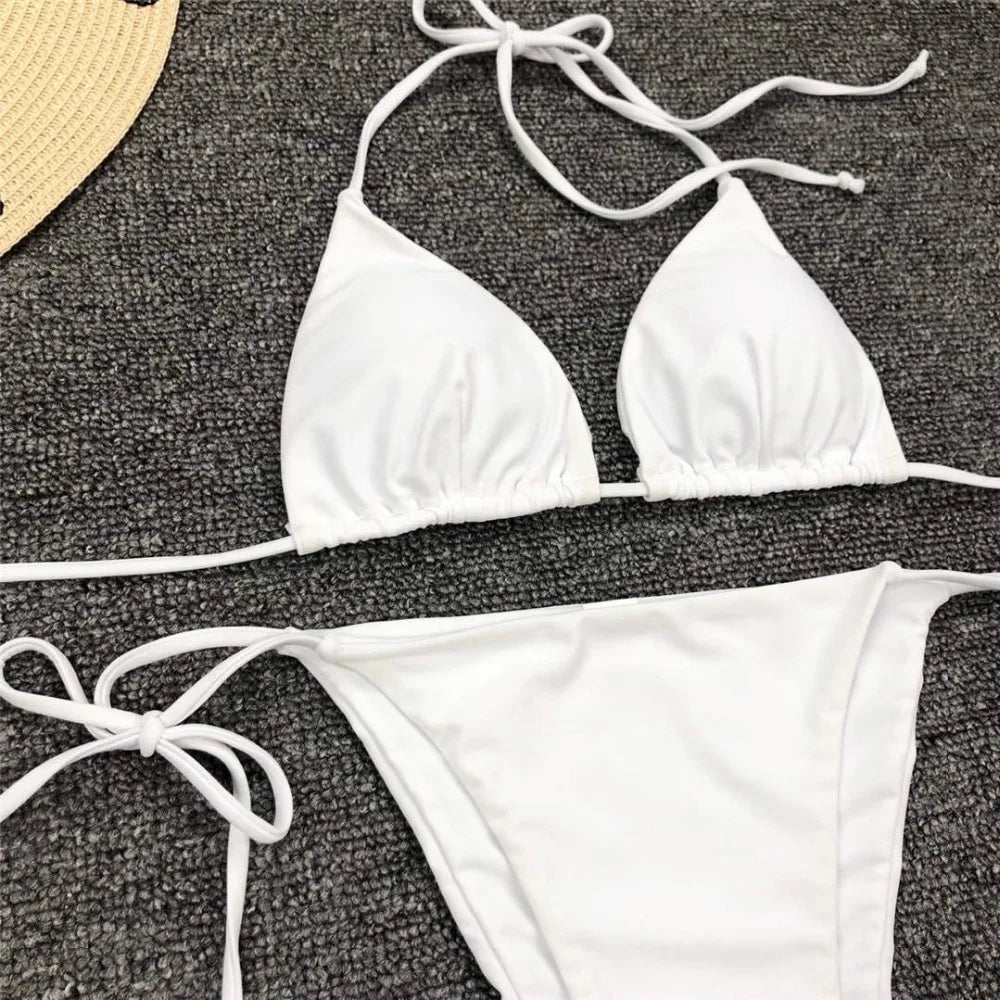 New Sexy Neon Pink Brazilian Bikini Women Swimwear Halter Swimsuit Female Two-Pieces Bikini Set Bather Bathing Suit Swim V1312