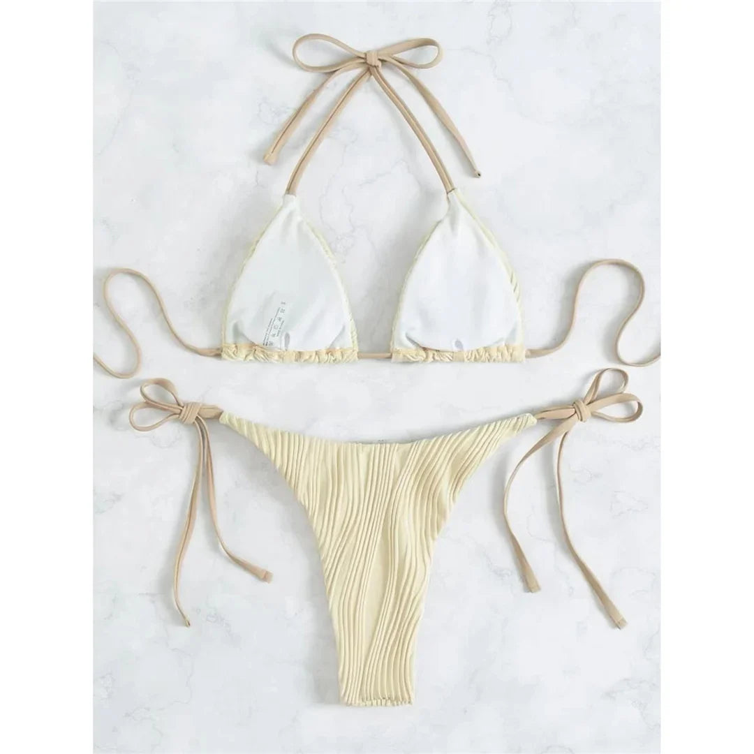 Sexy Wrinkled Halter Brazilian Bikini Female Swimsuit Women Swimwear Two-Pieces Bikini Set Bather Bathing Suit Swim Lady V4101
