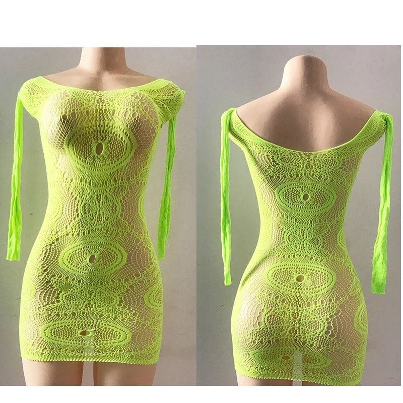 1 PC Women Sheer Mesh Long Sleeve Beach Cover Up Sexy See-Through Fishnet Bodycon Dress for Summer No Bikini Included