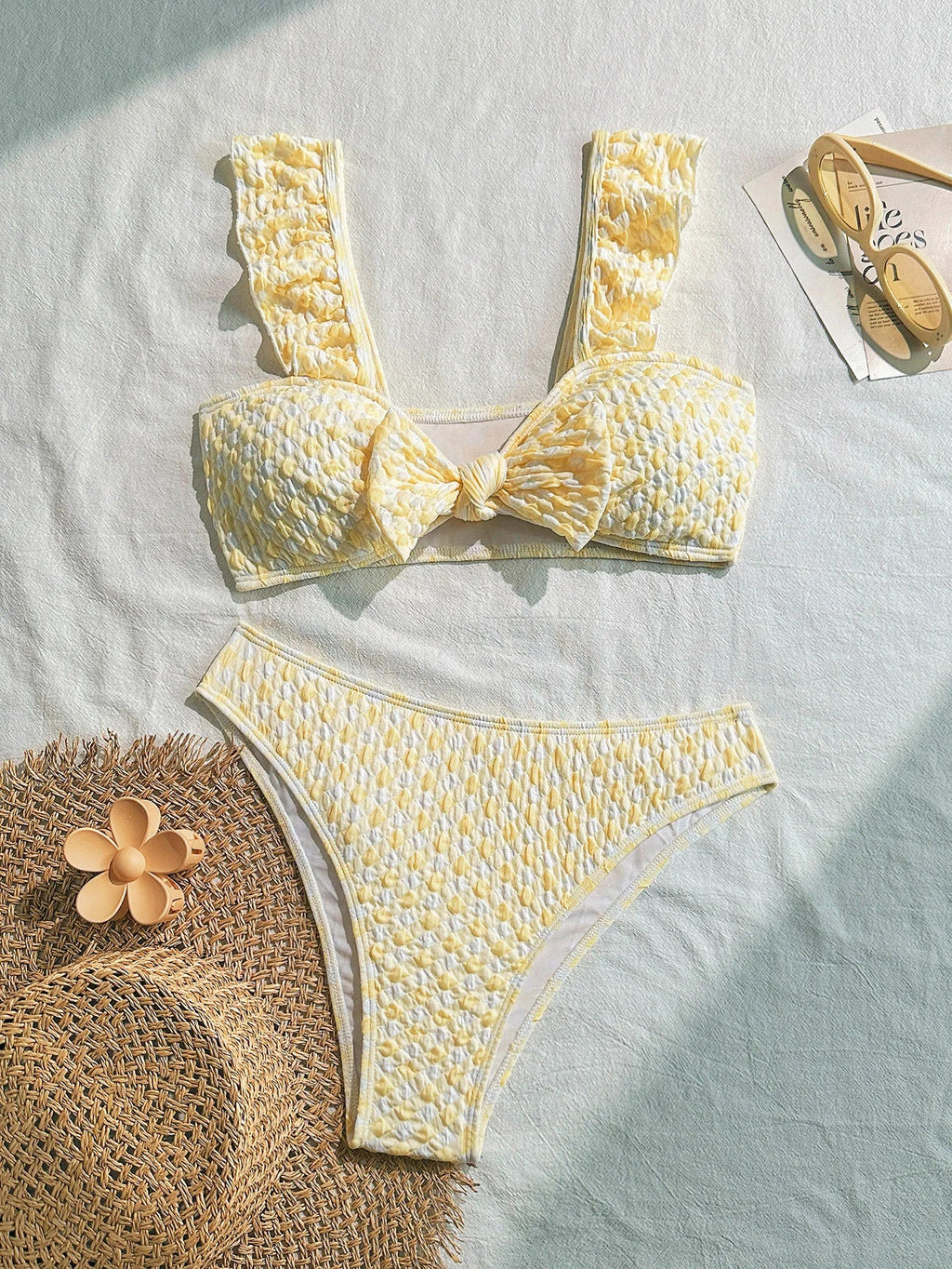 sexy yellow patchwork wrinkled bow ruffles bikinis sets two pieces women thong swimsuit female bathing suit swimwear biquini