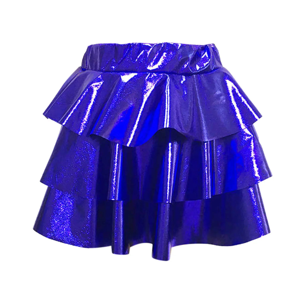 Women's Gold Metallic Tiered Mini Skirt Elastic High Waist Shiny Pu Ruffle Hem Party Skirts Dance Performance Festival Outfits