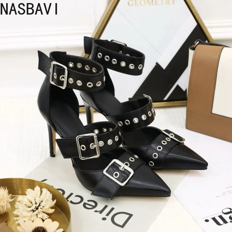 NASBAVI Black Punk Gothic High Heels Sexy Plus Size Pointed Toe Fashion Buckle Rivet Women Pumps Wedding Shoes Stiletto Heels