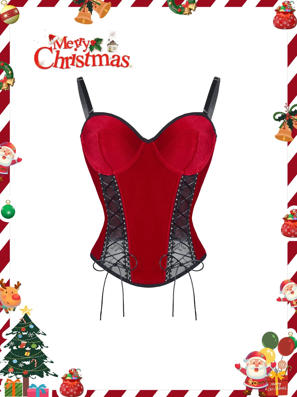 Christmas Red Black Lace Fishnet Boned Bodysuit, Sexy Push Up Corset Shapewear with Side Smoothing, Tummy Control Lingerie