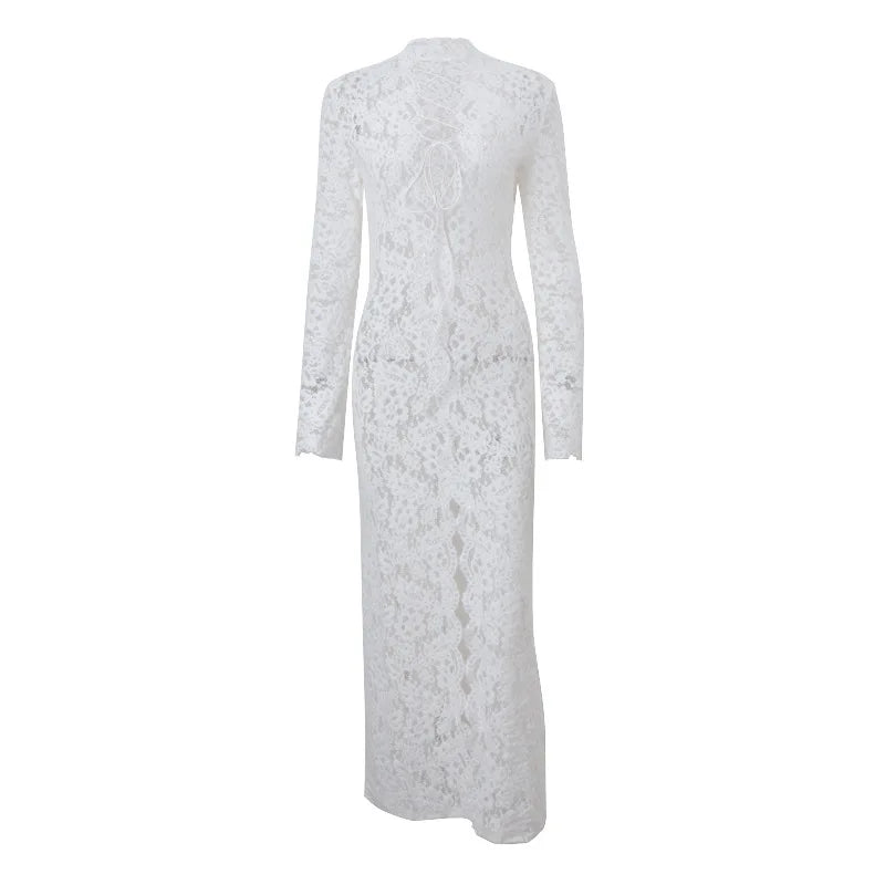 Woman Dress Clothing V-neck White Lace Dress 2025 Vestidos Para Mujer Fall Lace-up High Slit Slim Long  Evening Party Dresses