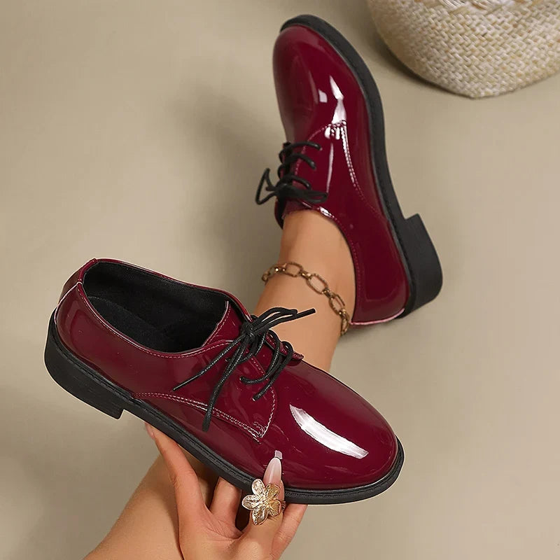 Pink Patent Leather Oxford Shoes Women Fashion Lace Up Pointed Toe Med Heel Pumps Woman Plus Size 43 Thick Heels Office Shoes