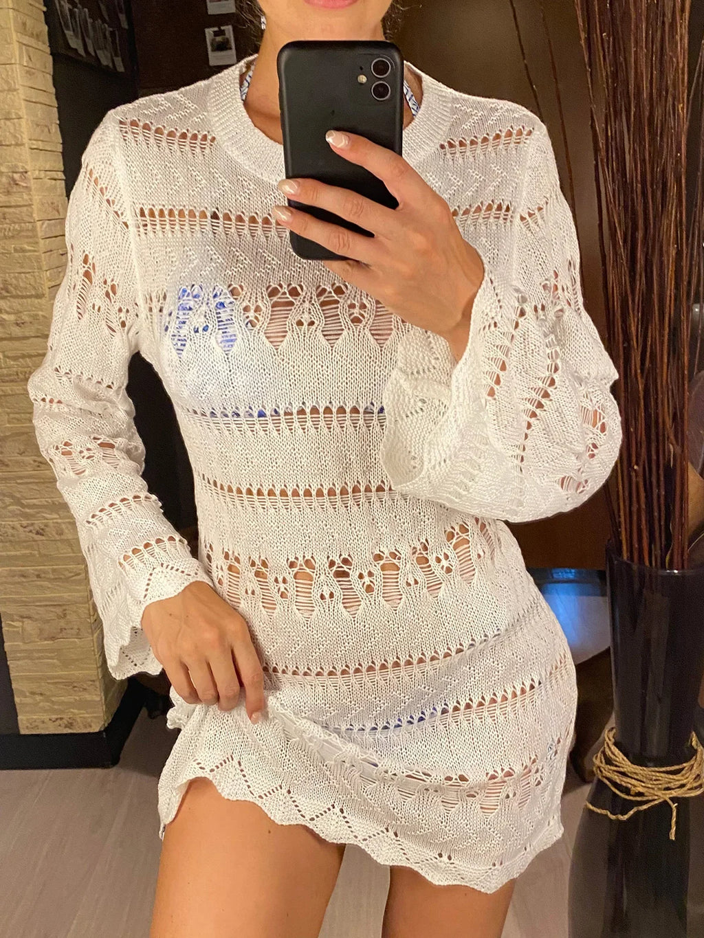 S - XL Long Sleeve Hollow Out Crochet Knitted Tunic Beach Cover Up Cover-ups Beach Dress Beach Wear Beachwear Female Women K5542