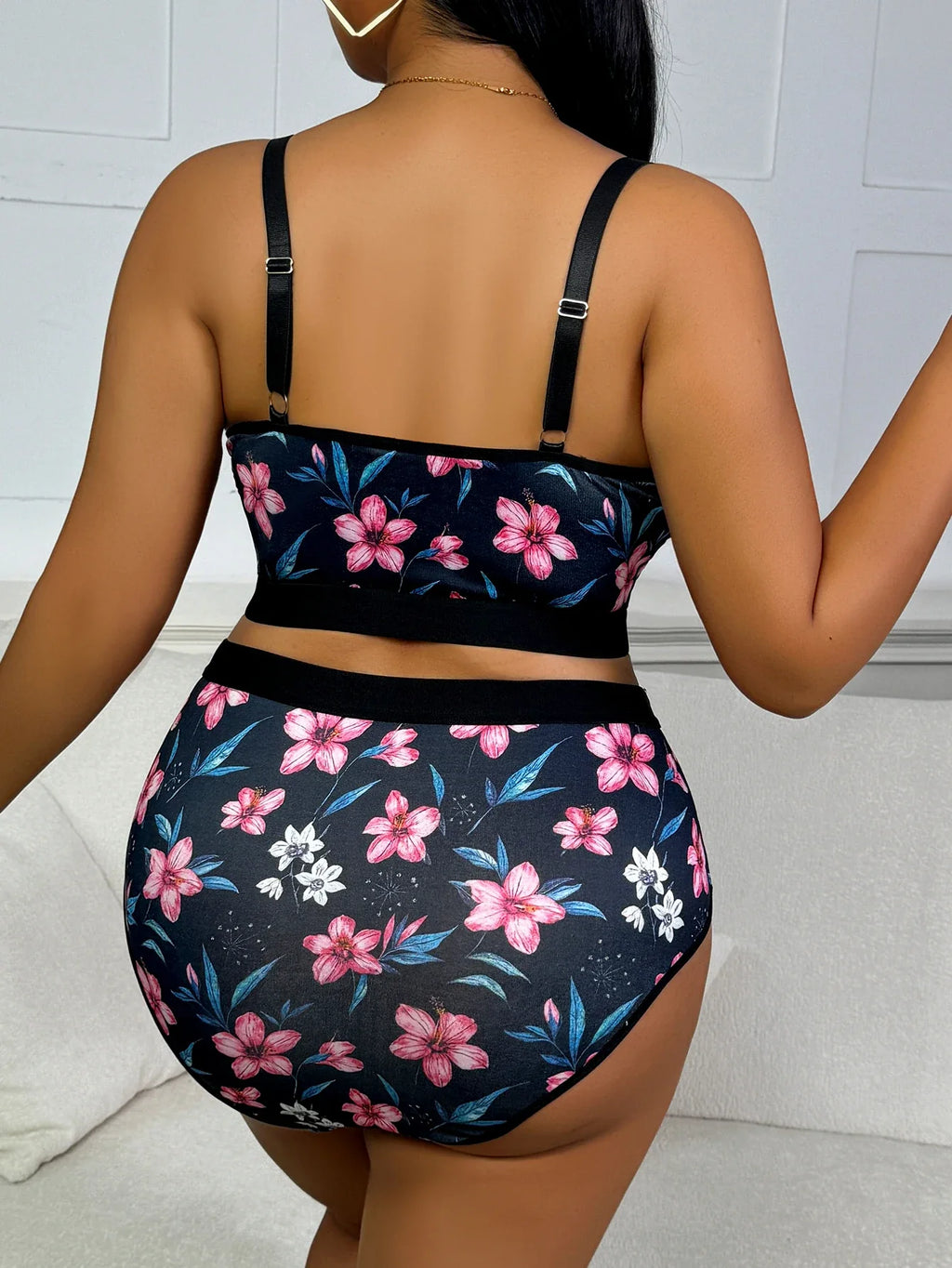 Lace Floral Print Lingerie Set Sexy Wireless Bra Plus Size Push-Up Thin Breathable Seamless Adjustable
