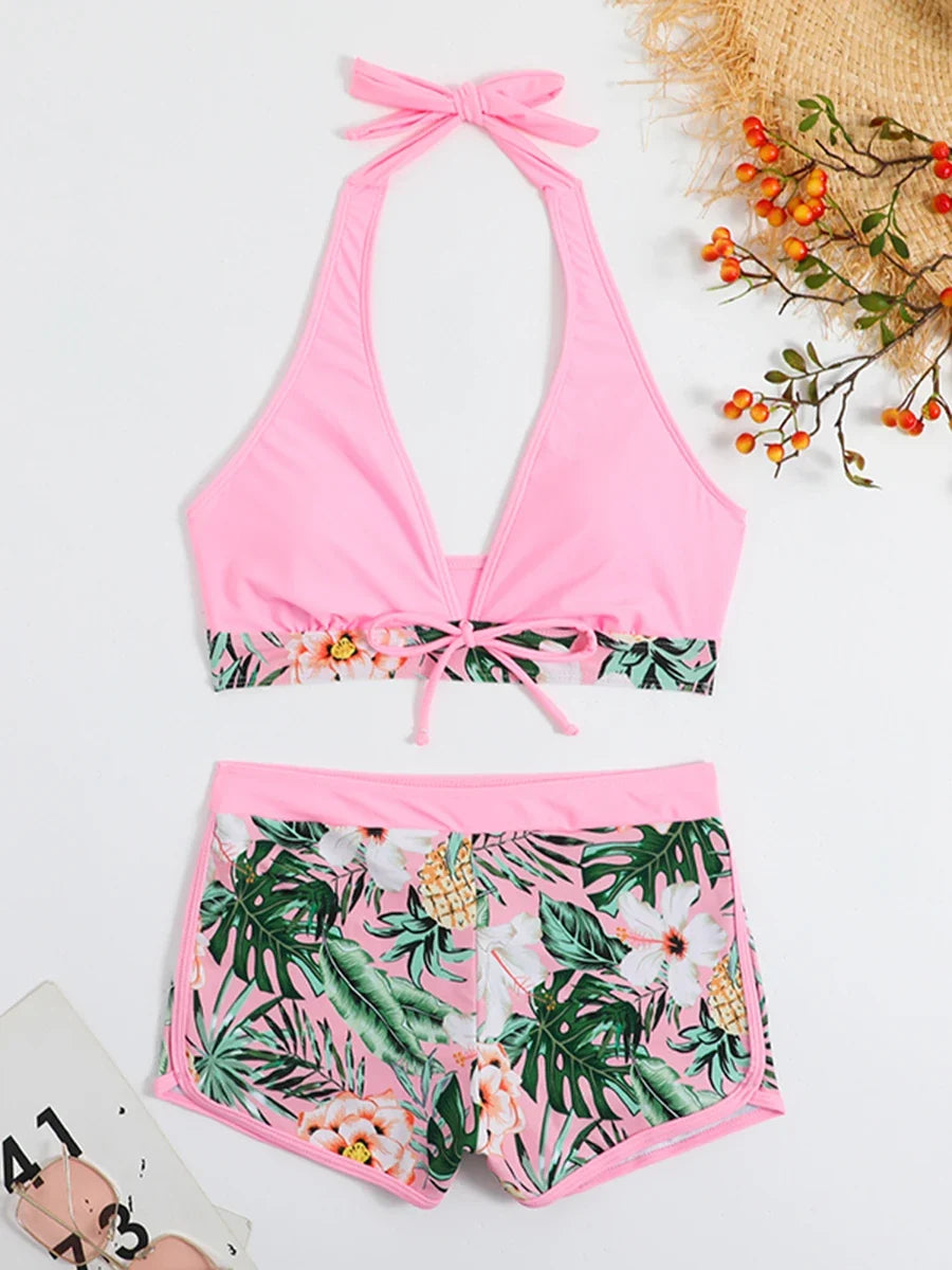 Halter Bikinis 2026 Women Printed Swimsuit Shorts High Waist Swimwear Female Bathers Swimming Bathing Suit Summer Beachwear