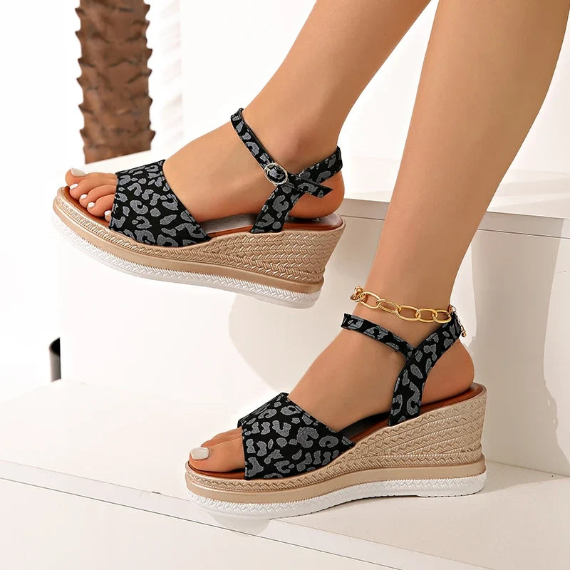 2025 Summer Leopard Print Wedges Sandals Women Plus Size Ankle Buckle Platform Sandles Woman Lightweight Chunky Heel Sandalias