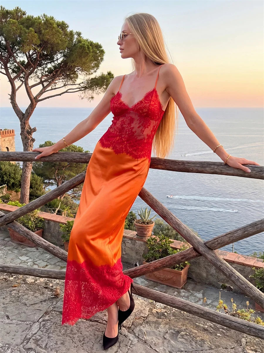 2026 Summer Women's Lace Patchwork Satin Dress Sleeveless Spaghetti Strap V Neck Long Dress Retro Sexy Elegant Dresses