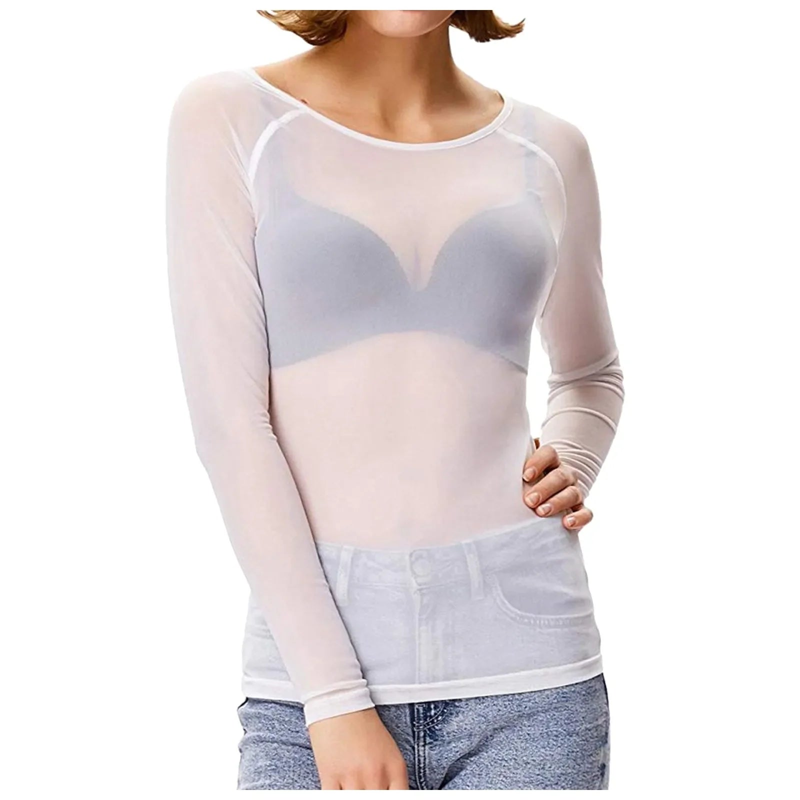 Sexy Women T Shirt See Through Mesh Black Long Sleeve Tees Sheer Slim Fit O Neck Tulle Crop Top Y2k T-Shirt Transparent Clubwear