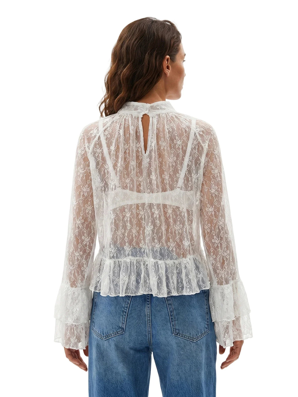 Womens Lace Floral Sheer Blouse Flare Long Sleeve Mock Neck Ruffle Peplum Hem Cropped Shirts Elegant Sexy Cover-ups Tops