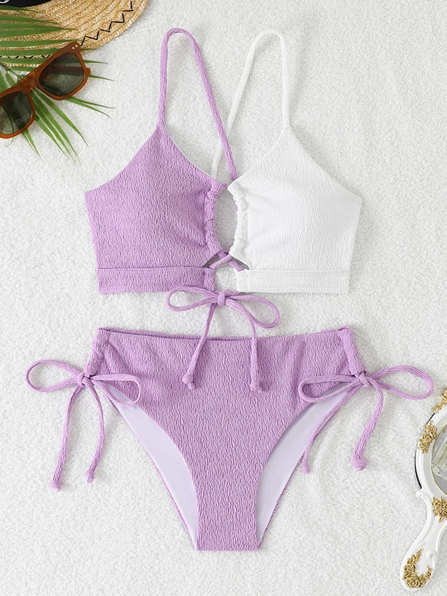 2026 Drawstring Triangle Bikini Women Sexy Color Block Swimwear Female Strappy Swimsuit Bathers Bathing Swimming Swim Suit