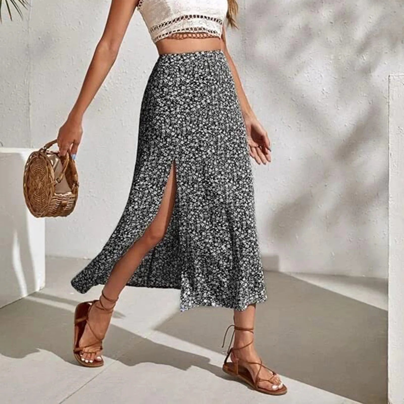 Harajuku Floral Print Long Skirt Vintage High Rise Straight Midi Skirts For Women Summer Skinny Bohemian Split Beach Skirts Y2k